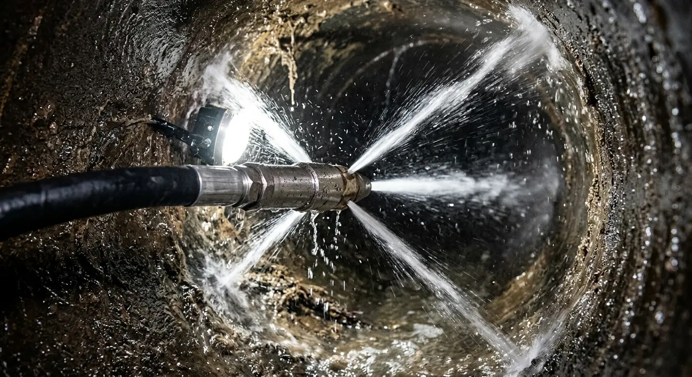 High-pressure hydro jetting nozzle cleaning sewer pipe for Emergency Drain Service in North Star
