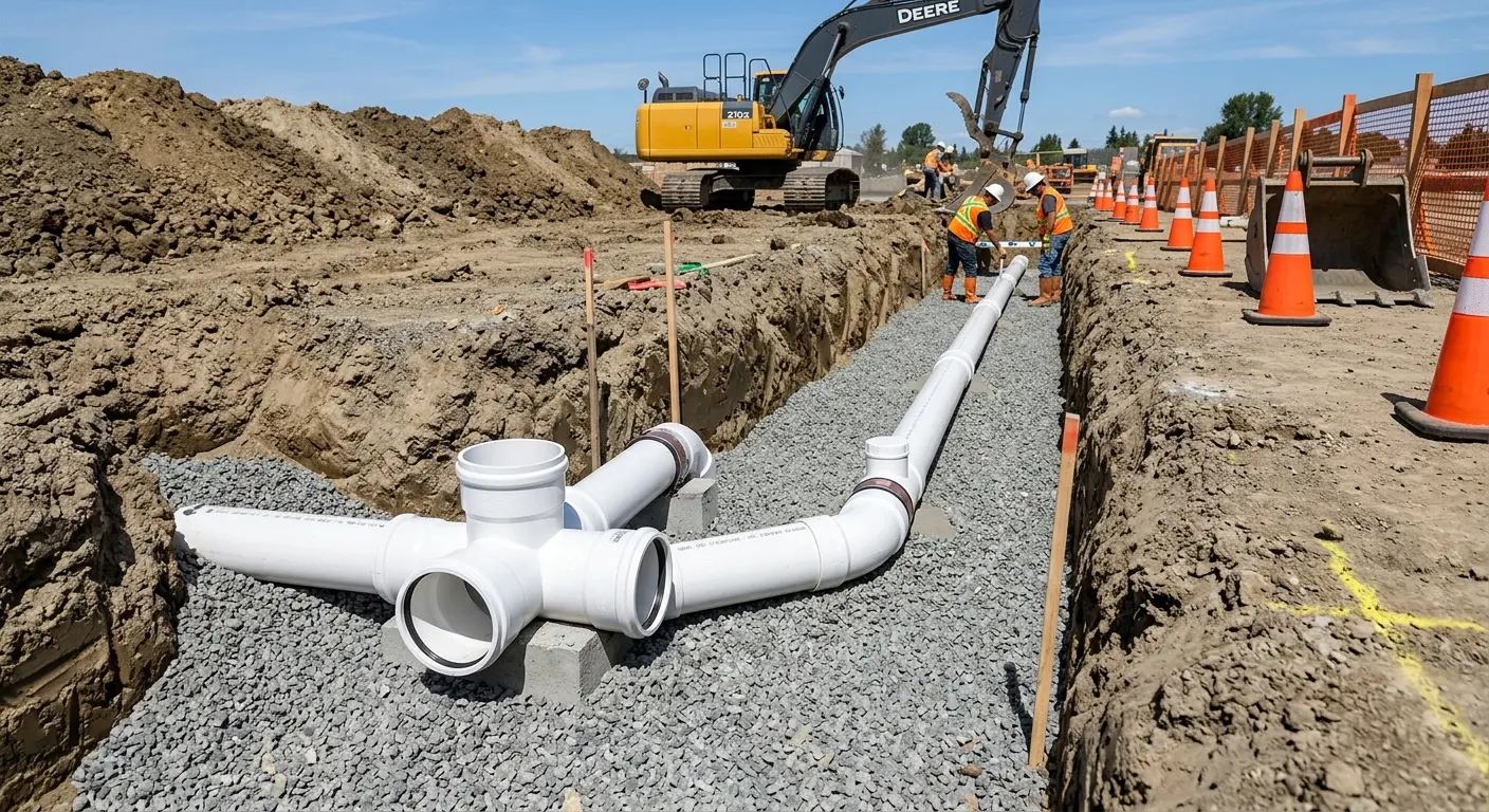 New PVC sewer pipe installation in open trench for Sewer Camera Inspection in North Star